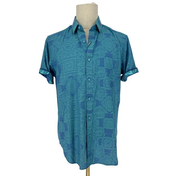 Robert Graham Woven Button Front Short Sleeve Shirt Teal Paisley Jacquard M - Picture 1 of 8